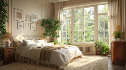 Illustrate a serene bedroom optimized for elderly comfort Feature a comfortable bed