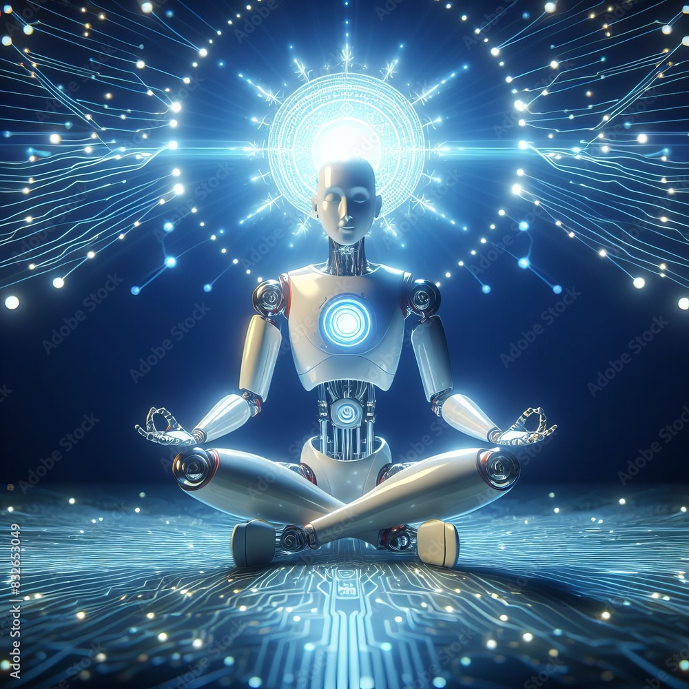 Aufkleber an ai robot sits cross-legged in meditation, surrounded by a digital aura of blue circuitry. the ima