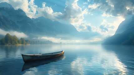 Serene lake landscape with lone boat