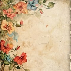 Floral pattern with advertising space. Romantic greeting card design in retro, grunge style. Decor with antique effect.