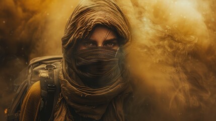 Hiker caught in a desert sandstorm, covering face with a scarf and struggling to move forward with swirling sand, extreme weather