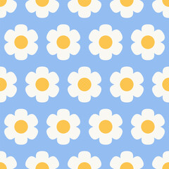 White daisy chamomile. Cute flower plant. Abstract seamless pattern Retro background design for textile, wrapping paper, covers. Vector square  illustration isolated on blue background