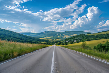 
A winding asphalt road snakes its way through lush green valleys, leading towards majestic snow-capped peaks in the distance. 