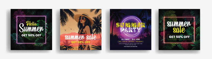 
Set of Summer sale offers a discount editable social media post and Instagram post template. 
suitable for summer sale Facebook post ads bundle  neon light summer tropical background design pack