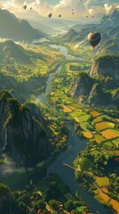 Serene valley with hot air balloons at sunrise