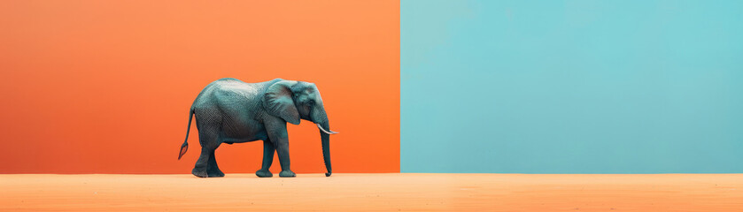 Obraz premium Elephant standing in front of orange and blue background.