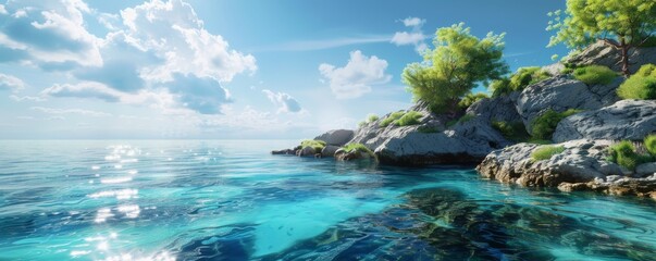 Obraz premium Tranquil ocean panorama with lush coastal rocks
