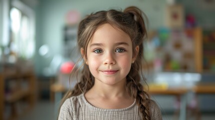 Portrait of smiling little girl with long hair looking at camera in kindergarten