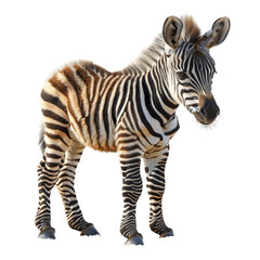 A close-up of a zebra standing with its distinctive black and white stripes, isolated on a white background.