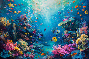 A painting of a colorful coral reef with many fish swimming around