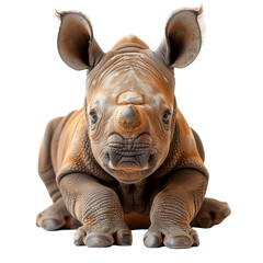 Fototapeta premium Adorable baby rhino lying down, isolated on white background. Perfect for wildlife, nature, conservation themes in stock photography.