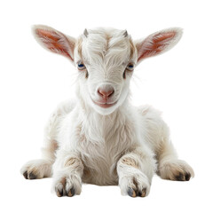 Adorable baby goat laying down, isolated on white background, looking at camera with cute expression, fluffy fur, stock photo.