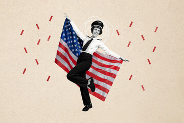 Composite collage image of cute soldier girl hold flag national independence america day fourth...