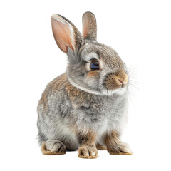 Adorable close-up of a fluffy grey baby rabbit sitting on a white background, showcasing its soft fur and cute expression.