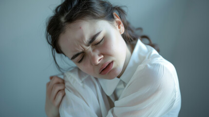 Fototapeta premium A woman is wearing a white shirt and appears to be in pain
