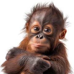 Fototapeta premium Adorable close-up of an orangutan baby with expressive eyes, showcasing the innocence and curiosity of this young primate.
