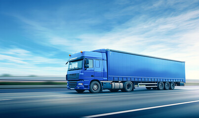Blue truck is traveling at speed on a freeway. The concept of reliable cargo transportation.