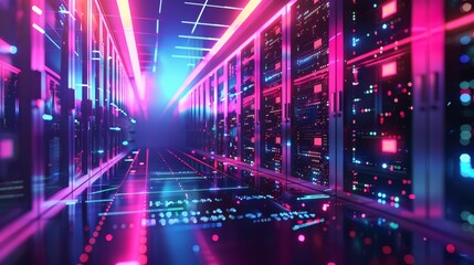 Obraz premium Advanced AI creating visual art in a glowing server room, highlighting technological progress, copy space, modern computing