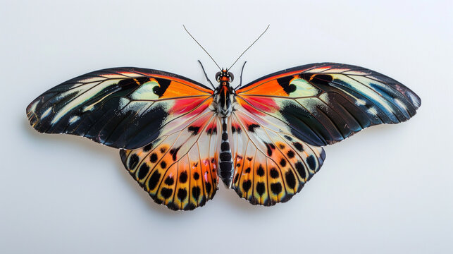 Exotic butterfly, Unique winx coloring displayed against a white background, Close-up shot, black, orange, white, pink wings