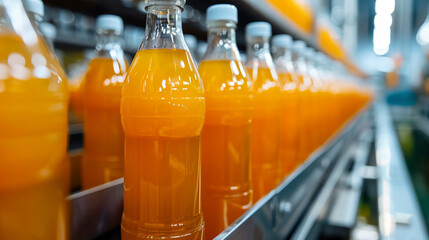 Bottles of orange juice on a conveyor belt