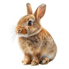 Obraz premium Cute brown rabbit sitting upright, isolated on white background. Adorable fluffy bunny with alert ears and soft fur.