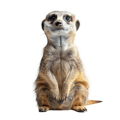 Fototapeta premium Cute meerkat sitting upright with alert expression, isolated on white background, showcasing detailed fur texture.