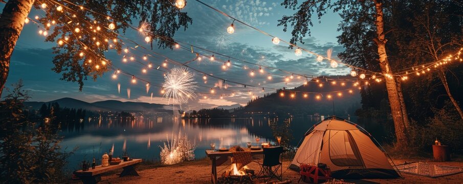 Group of friends camping by a lake, enjoying a barbecue on Fourth of July, vibrant fireworks display, patriotic decorations, evening setting, copy space
