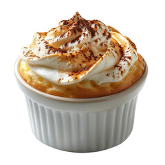 Delicious souffle dessert in a white ramekin, topped with whipped cream and chocolate shavings, perfect for a sweet treat or gourmet presentation.