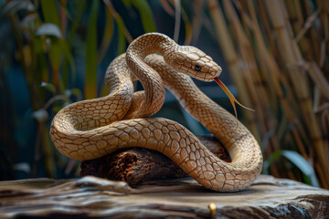 A snake is curled up on a log