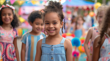 Fototapeta premium Joyful Young Girl Smiling at Summer Fair with Friends in Background
