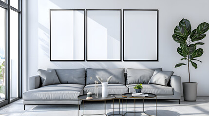 Mockup frame in modern living room interior with a minimalist design and light grey sectional sofa. Gen AI