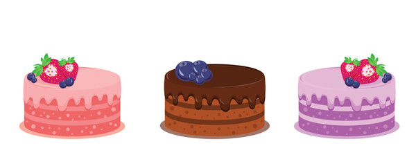 Cake set with a strawberry and blueberry on white background.vector illustration in a flat style.