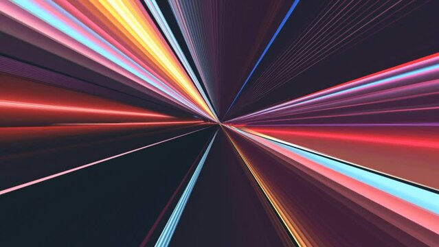 4k neon and light coloured beam concentrating at a focal point with dark background 