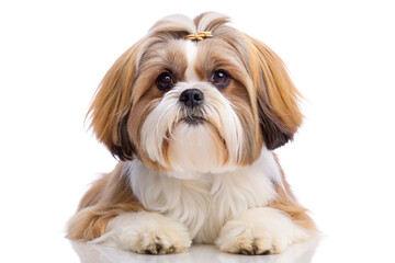 Adorable Shih Tzu dog laying down, isolated on transparent background. Cute and fluffy pet portrait with fluffy fur and expressive eyes.