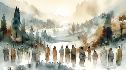 The Act of the Apostles. Disciples' Prayer to God. New Testament. Watercolor Biblical illustration.