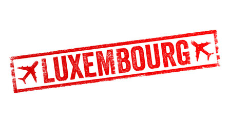 Luxembourg is a small European country, surrounded by Belgium, France and Germany, text emblem stamp with airplane