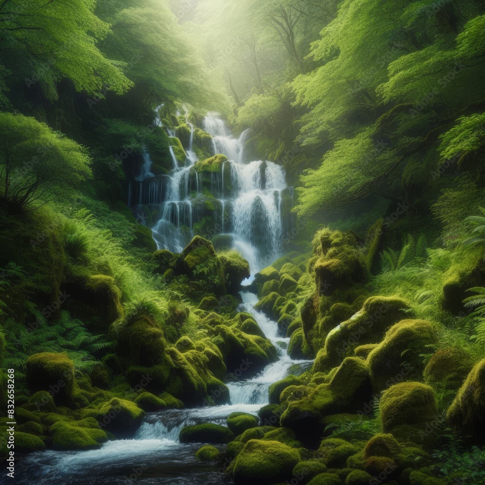 Poster a serene forest scene featuring a cascading waterfall surrounded by lush green foliage and moss-cove