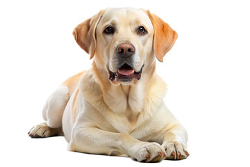 A beautiful Labrador Retriever dog lying down with a neutral background. Perfect for pet lovers and animal-themed designs.