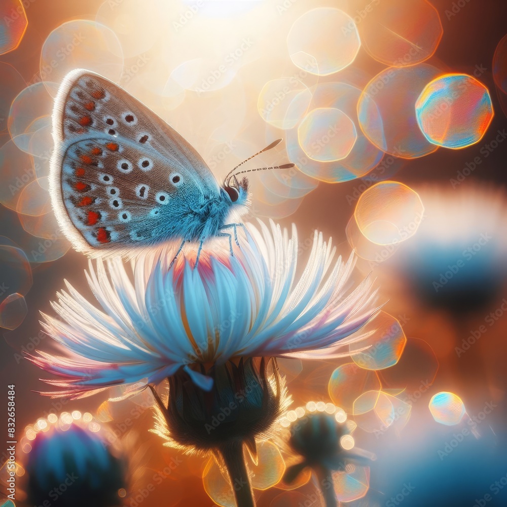 Poster a captivating close-up of a butterfly on a flower, highlighted by a sparkling bokeh effect in the ba