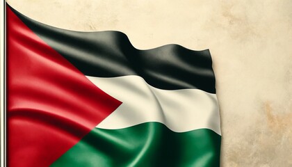 Obraz premium The flag of Palestine gently waving on ancient stone beige background. Space for text. Middle East. Space for text.