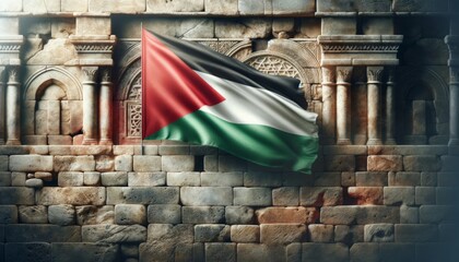 The flag of Palestine gently waving on ancient stone beige background. Space for text. Middle East. Space for text.