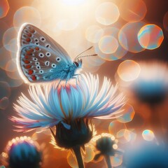 A captivating close-up of a butterfly on a flower, highlighted by a sparkling bokeh effect in the background. The image showcases the butterfly's detailed wings and the vibrant colors of the flower