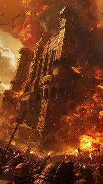 Epic medieval castle siege in flames