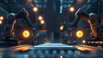 Photo of two robotic arms working together in an industrial setting 