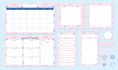 Set of cute and kawaii pink pastel planner with memo pad notepad and stickers for scrapbooking