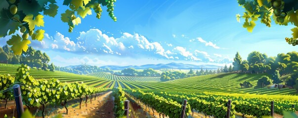 Panoramic vineyard landscape under sunny blue sky