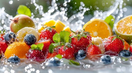 Fresh fruits in dynamic splash of liquid, vibrant and lively, highquality photo, closeup, isolated on white background