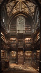 Elegant old library with wooden bookshelves, gothic windows, and a grand staircase