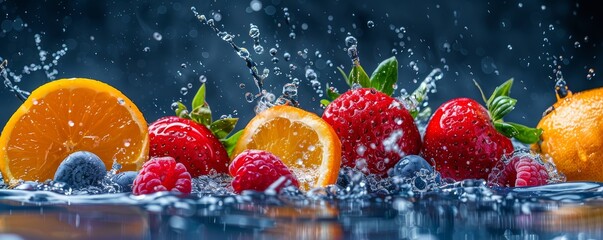 Fresh fruit splashing into liquid, dynamic and vibrant, highresolution image, closeup, isolated...
