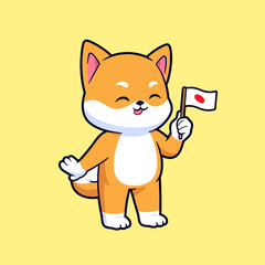 Cute shiba inu dog holding japan flag vector cartoon illustration
